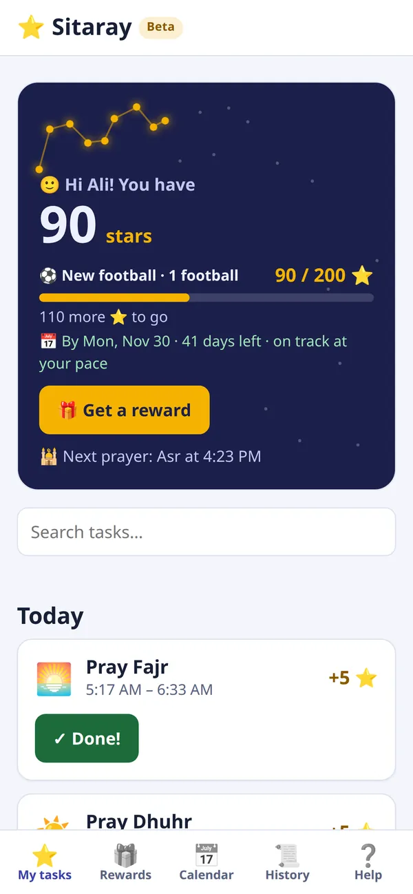 Ali's home screen in Sitaray: 90 stars, 90 of 200 saved towards a new football, the next prayer time, and today's tasks starting with Pray Fajr.