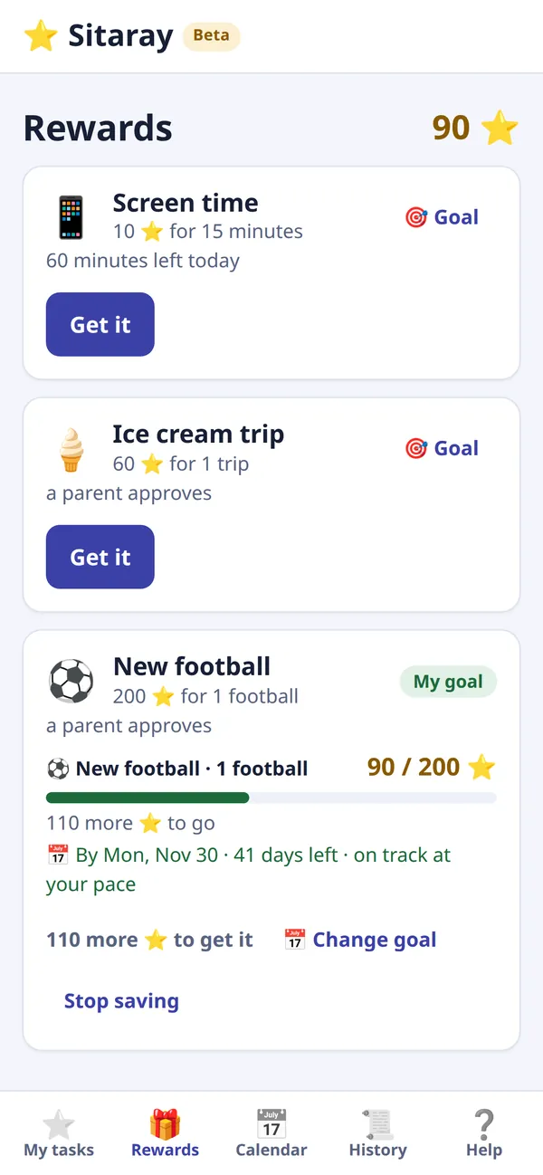 The rewards screen in Sitaray: screen time at 10 stars for 15 minutes, an ice cream trip for 60 stars, and a new football as the savings goal.