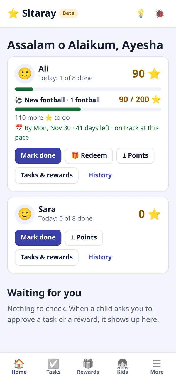 A parent's home screen in Sitaray: each child's stars and tasks done today, with buttons to mark a task done, redeem a reward or add points.
